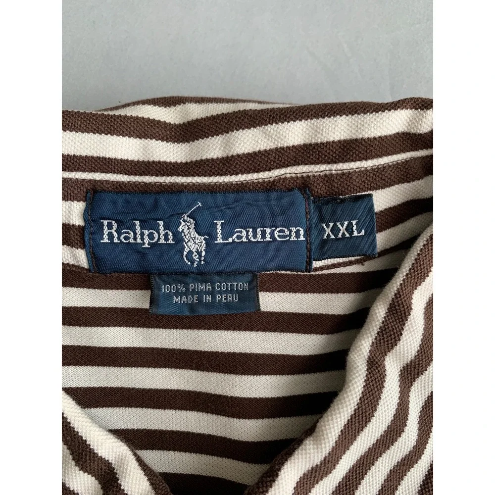 Ralph Lauren Mens XXL Pima Cotton Striped Polo Shirt Brown White Button Down